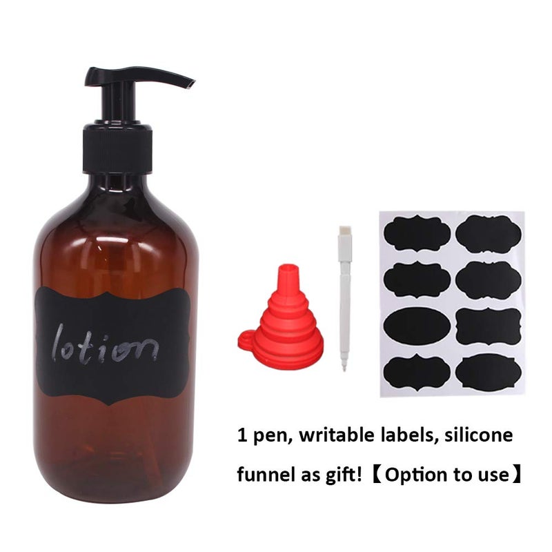 zmybcpack 4 Pack 16 OZ Empty Plastic Pump Lotion Bottles with 1 Pen, Labels & Silicone Funnel, Amber Color Lotion Dispenser With Locking Pump for Body Wash, Shampoo, Massage Lotion, Gel - Image 5